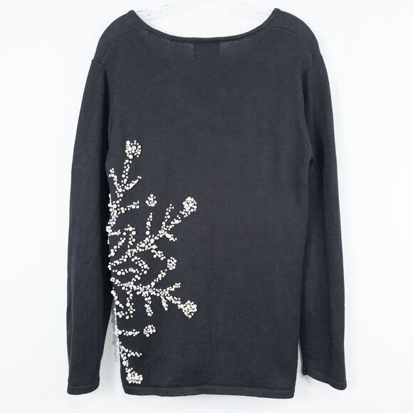 Quacker Factory Pearl Snowflake V Neck Sweater Womens Medium Black Ramie Cotton - Picture 2 of 16